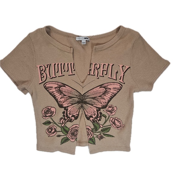 Fashion Nova Tops - Fashion Nova Shirt Womens Medium Beige Pink Butterfly Rose Graphic Crop Top Tee